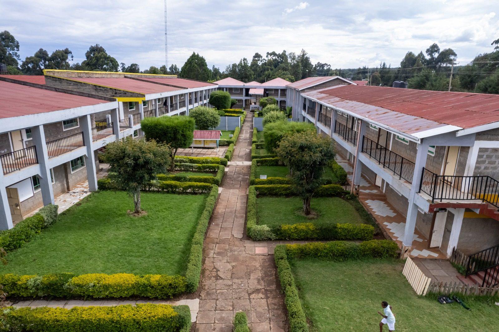 The campus courtyard from above: clipped hedges, lawns and a paved path between the teaching blocks