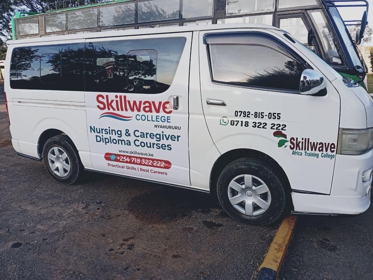 The Skillwave College van, branded with the college name and phone numbers